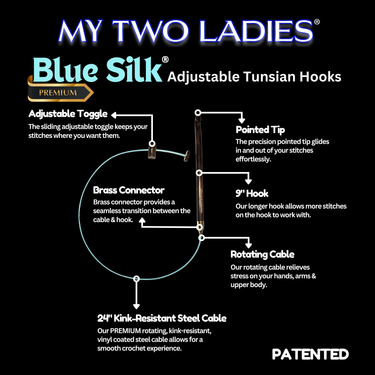 Seda azul | Agujas de crochet tunecinas ajustables | 12 tamaños